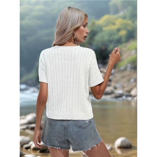 Round Neck Solid Color Sweater White M 2