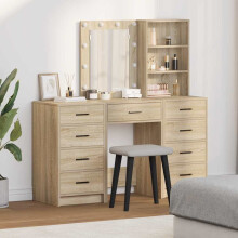 Berkfield Dressing Table with Mirror Lights 3 pcs Brown Engineered wood