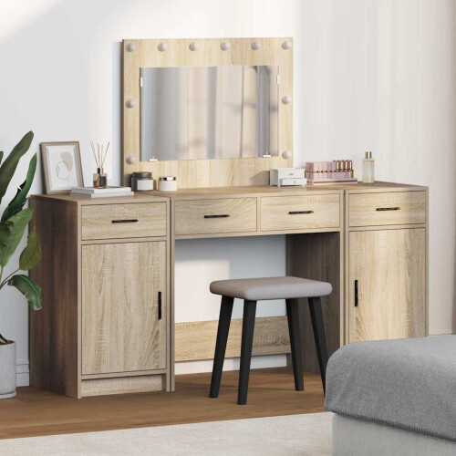 Berkfield Dressing Table with Mirror Lights 3 pcs Brown Engineered Wood