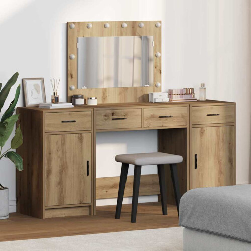 Berkfield Dressing Table with Mirror Lights 3 pcs Brown Engineered Wood