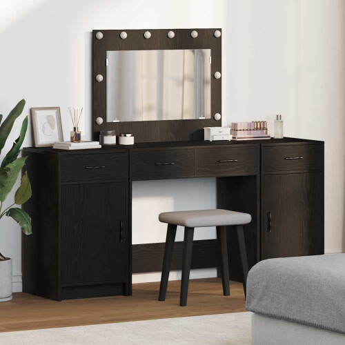 Berkfield Dressing Table with Mirror Lights 3 pcs Black Engineered Wood