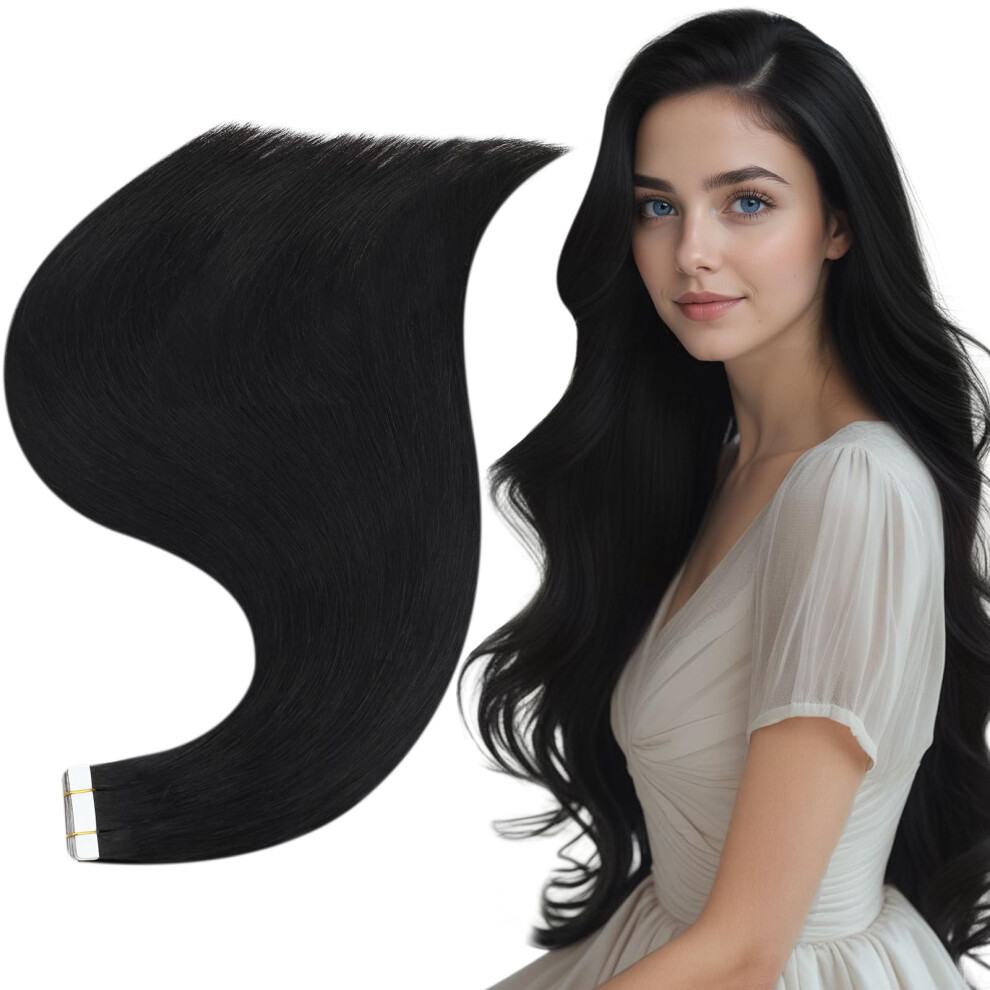 Unisex Black 18 Inch Jet Tape In Remy Human Hair Extensions 20Pcs 50G Tangle Reusable Seamless Blend