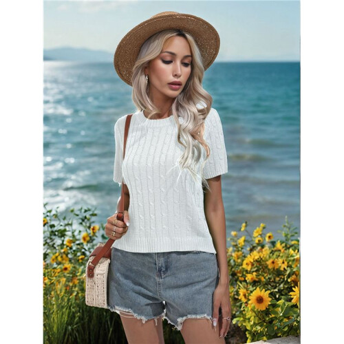 Round Neck Solid Color Sweater White L 1