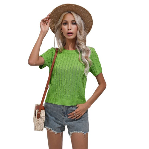 Round Neck Solid Color Sweater Green L 2