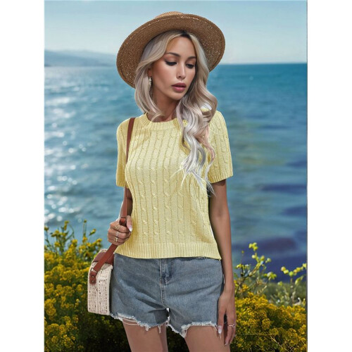 Round Neck Solid Color Sweater Light Yellow M 1