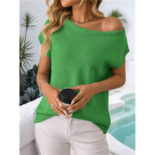 Women'S Short-Sleeved Off-Shoulder Knitted Pullover Green L 2