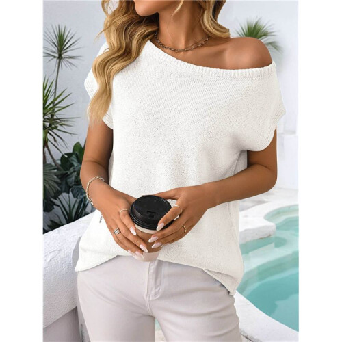 Women'S Short-Sleeved Off-Shoulder Knitted Pullover Creamy White L 1