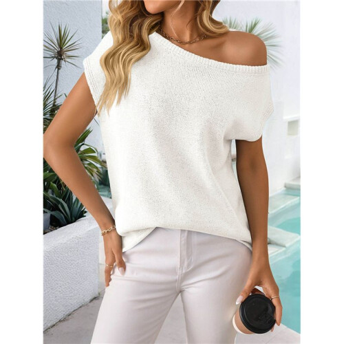 Women'S Short-Sleeved Off-Shoulder Knitted Pullover Creamy White L 2