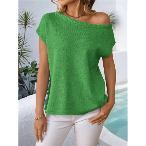 Women'S Short-Sleeved Off-Shoulder Knitted Pullover Green S 1