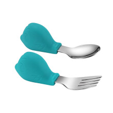 Toddler Feeding Set Silicone Stainless Steel Spoon and Fork Short Handle Soft Safe Utensils for Kids
