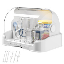 Baby Bottle Drying Rack with Cover, Dustproof Organizer with Removable Drain Tray, White Countertop Storage