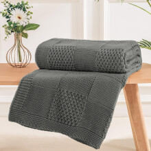 Grey Knitted Throw Blanket 50x60 Inches for Couch and Bed, Soft Cozy Checkered Design, Neutral Style