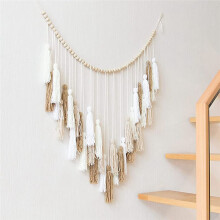 Large Macrame Wall Hanging Decor 39X43In Boho Woven White Beige Khaki Macromay Tassel Wall Decor with Wood Bead
