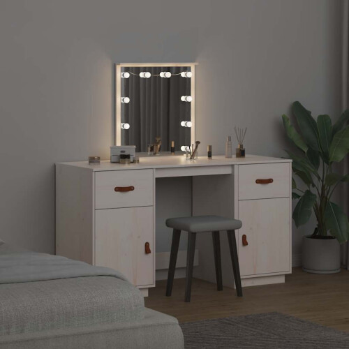 Berkfield Dressing Table Set with LED White Solid Wood Pine 2