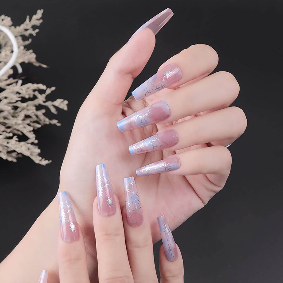 Pink Silver And Gradient Press On Nails Set Long Coffin Design For Women Instant Salon Look