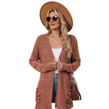 Long-Sleeved Knitted Cardigan Orange Red S