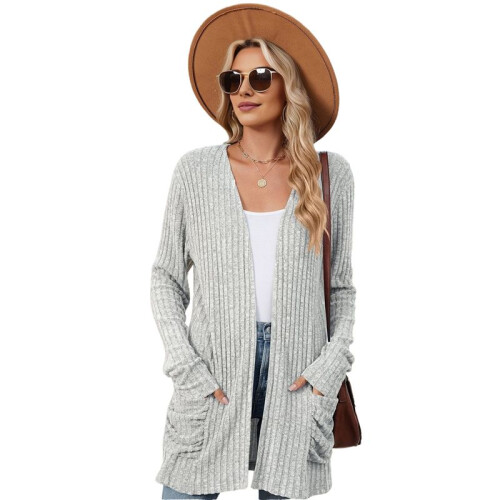 Long-Sleeved Knitted Cardigan Light Gray XL