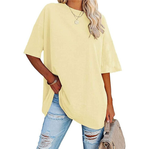 V Neck Short Sleeve Basic Tees Light Yellow XXL