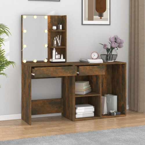 Berkfield LED Dressing Table with Cabinet Smoked Oak Engineered Wood 2