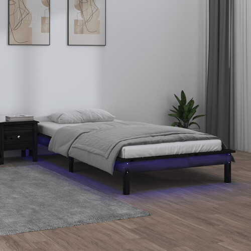 Berkfield LED Bed Frame without Mattress Black 75x190 cm Small Single  Solid Wood