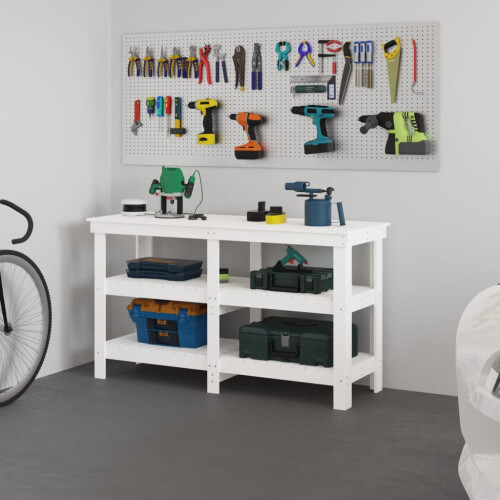 Berkfield Work Bench White 142.5x50x80 cm Solid Wood Pine