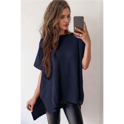 Women'S Loose Dropped Shoulder Short Sleeve Pullover Sweater Navy XL 1