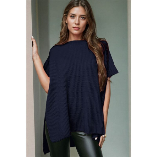 Women'S Loose Dropped Shoulder Short Sleeve Pullover Sweater Navy XL 2