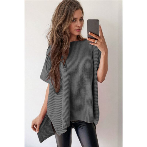 Women'S Loose Dropped Shoulder Short Sleeve Pullover Sweater Gray S 1