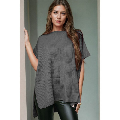 Women'S Loose Dropped Shoulder Short Sleeve Pullover Sweater Gray S 2