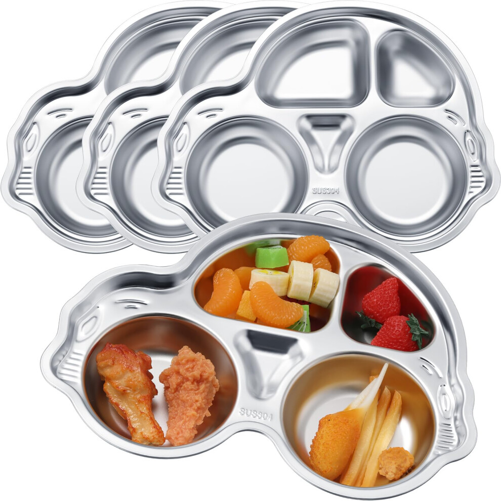 4 Pcs Stainless Steel Divided Kids Plates, Unbreakable Car Shape Toddler Dinner Set for Portion Control and Camping