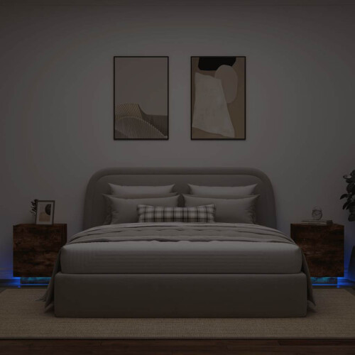 Berkfield Bedside Cabinets with LED Lights 2 pcs Smoked Oak Engineered Wood