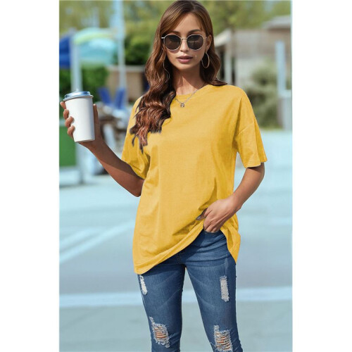 V Neck Short Sleeve Basic Tees Yellow XXL 1