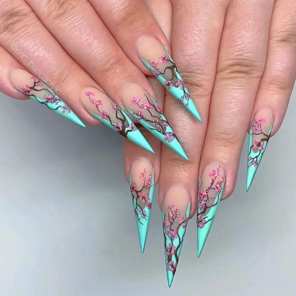 Almond Press on Nails French Tip Green Flower Design Fake Nails with Glue Ready to Wear Manicure