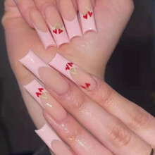Pink French Tip Press on Nails Long Coffin Acrylic Fake Nails with Glue Glossy Design for Women