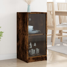 Berkfield Side Cabinet with Glass Doors Smoked Oak 35x37x75.5 cm