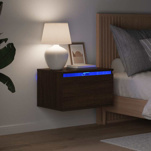 Berkfield Wall-mounted Bedside Cabinet with LED Lights Brown Oak