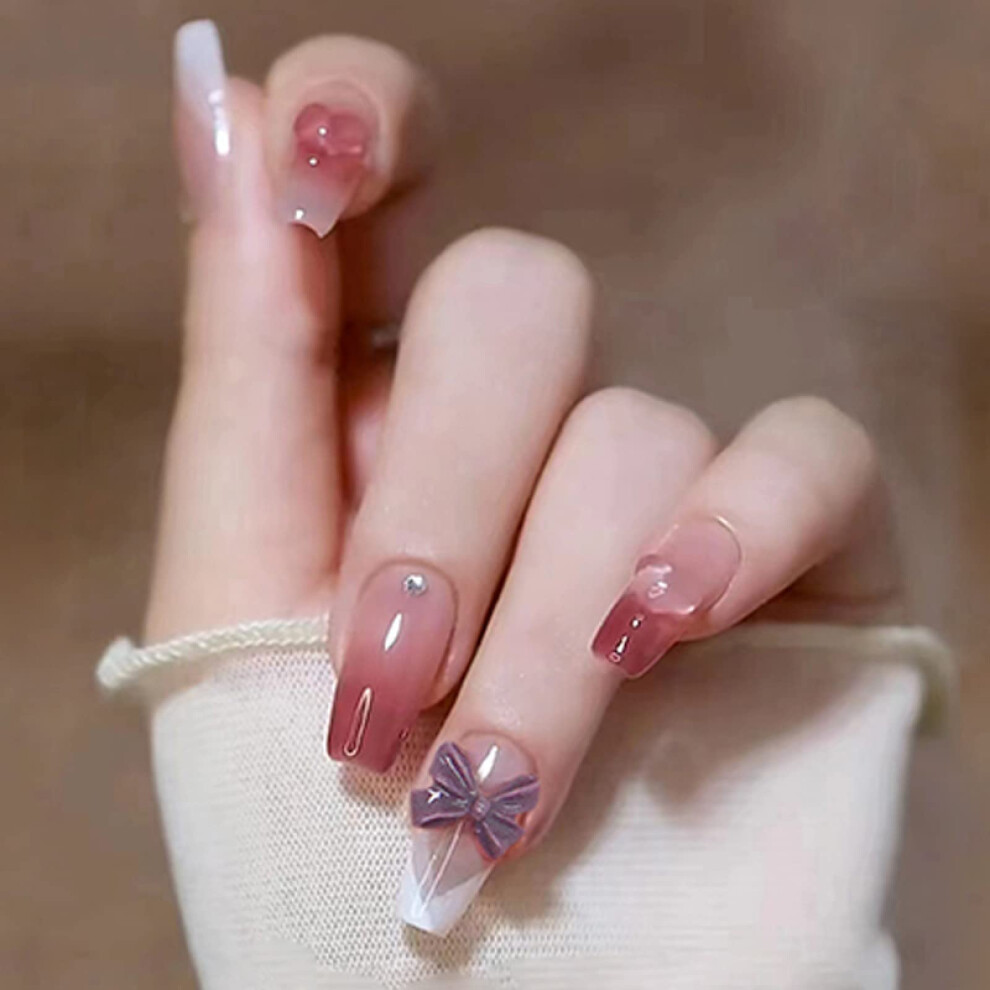Red Diamond Bow Press On Nails Set for Women, Reusable Acrylic Nude False Nails with Glue, 24pcs