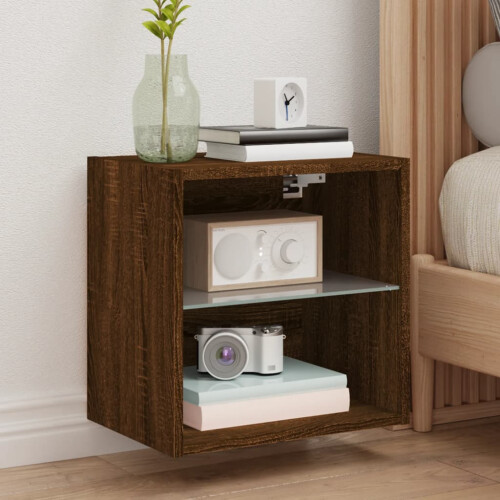 Berkfield Bedside Cabinet with LED Lights Wall-mounted Brown Oak