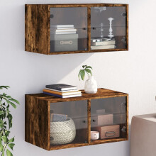 Berkfield Wall Cabinets with Glass Doors 2 pcs Smoked Oak 68.5x37x35 cm