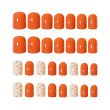 24 Pack Reusable Press On Nails Set for Women, Orange Printed Fake Acrylic Nails with SalonQuality Finish
