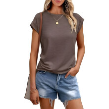 T-Shirt D'Été à Manches Courtes et Col Rond pour Femme, Couleur Unie, Café, Taille L