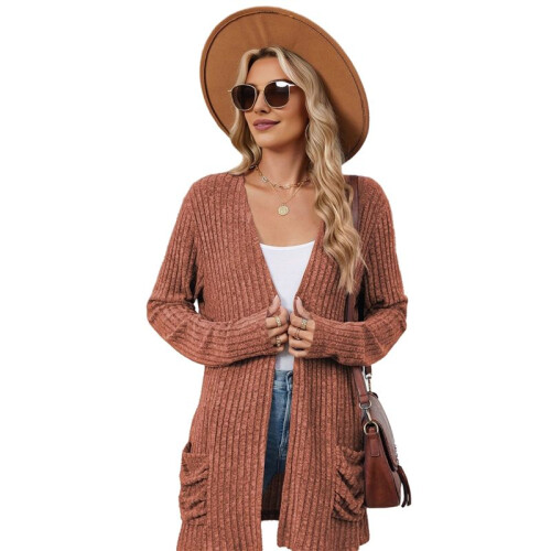 Long-Sleeved Knitted Cardigan Orange Red M