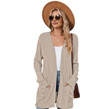 Long-Sleeved Knitted Cardigan Khaki M