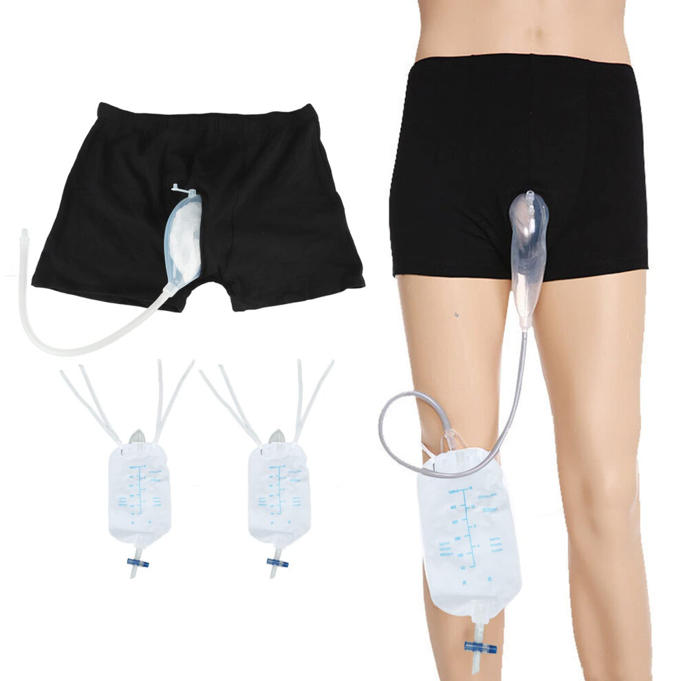 Reusable Wearable Urinal Bag for Men with Elastic Waist Shorts, Dual 500ml Pee Bags for Incontinence and Elderly