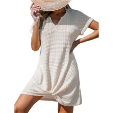 Beach Sun Protection Skirt Casual V-Neck Twist Cover- Dress Apricot M