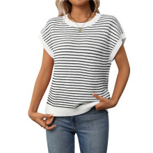 Cap Sleeve Casual Striped Color Block Sweater White S