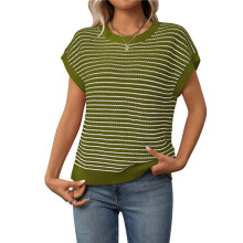 Cap Sleeve Casual Striped Color Block Sweater Green L