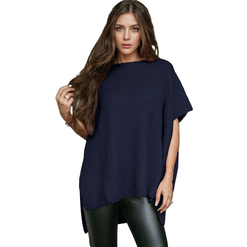 Women'S Loose Dropped Shoulder Short Sleeve Pullover Sweater Navy XL