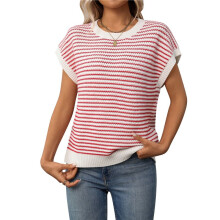 Cap Sleeve Casual Striped Color Block Sweater Red L