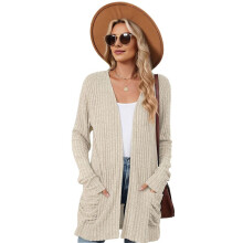 Long-Sleeved Knitted Cardigan Apricot XL